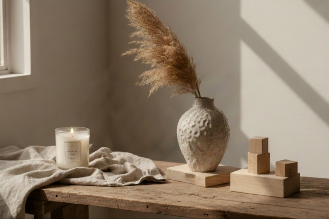 Minimalist Shopify homepage design for a calm lifestyle brand cneutral beige and cream color palette, soft natural lighting, aesthetic home decor scene with ceramic vase, candle, linen fabric and wooden elements, clean modern layout,